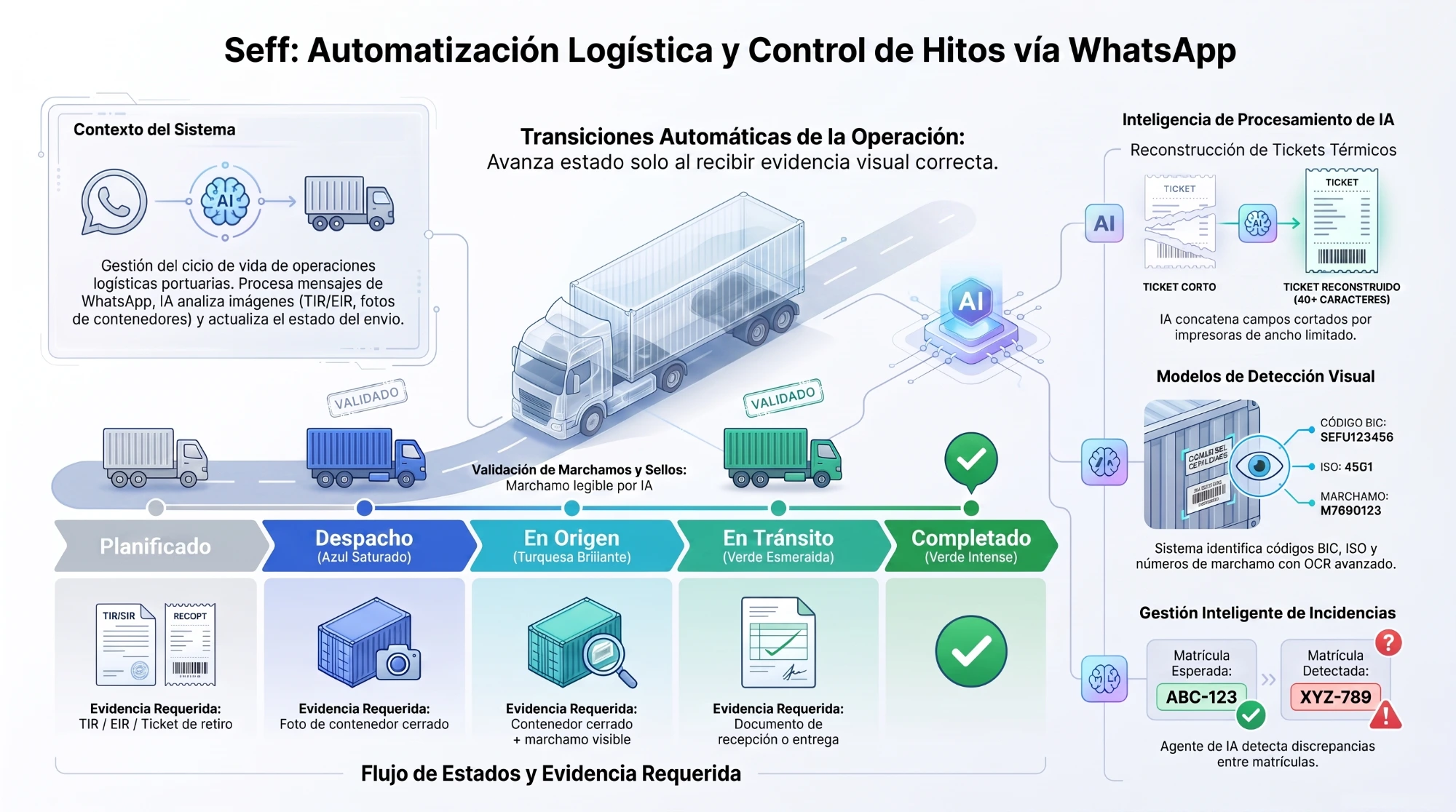 Diagrama de automatización logística: mensajes de WhatsApp, análisis de imágenes con IA y avance de estados desde planificado hasta completado.